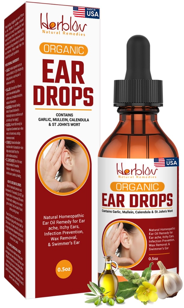 Huile d'oreille biologique pour les infections de l'oreille - Earrops naturels pour la prévention des infections, l'enlèvement de l'oreille et de la cire de Swimmer - Enfants, Adultes, Bébé, Dog Earache Remède - avec Mullein, Ail, Calendula, Fabriqué aux États-Unis
