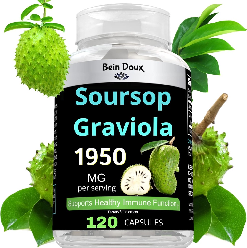 1950mg Sourop Graviola Capsules (Guanábana) Feuilles organiques Poudre riche en anti-oxydants puissants - 120 capsules 40 portions