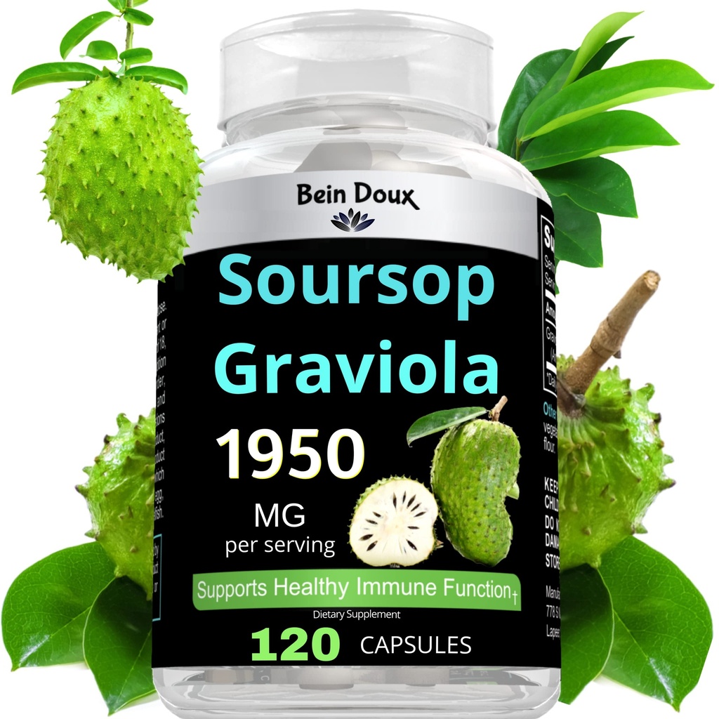1950mg Sourop Graviola Capsules (Guanábana) Feuilles organiques Poudre riche en anti-oxydants puissants - 120 capsules 40 portions