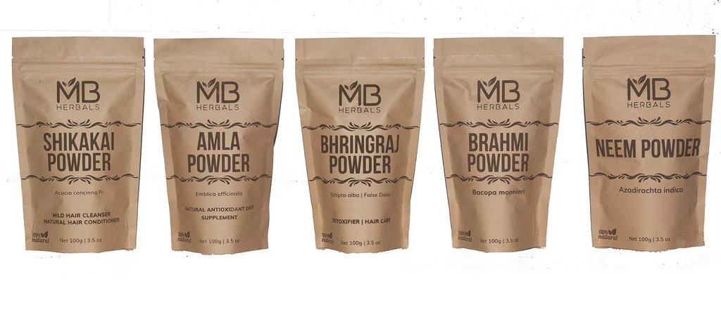 MB Herbals poudres de soins capillaires COMBO Pack de Shikakai de Neem de Brahmi de Amla de Bhringaraj de poudres de 100 grammes chacun pour le pack de cheveux de l'utilisation externe seulement