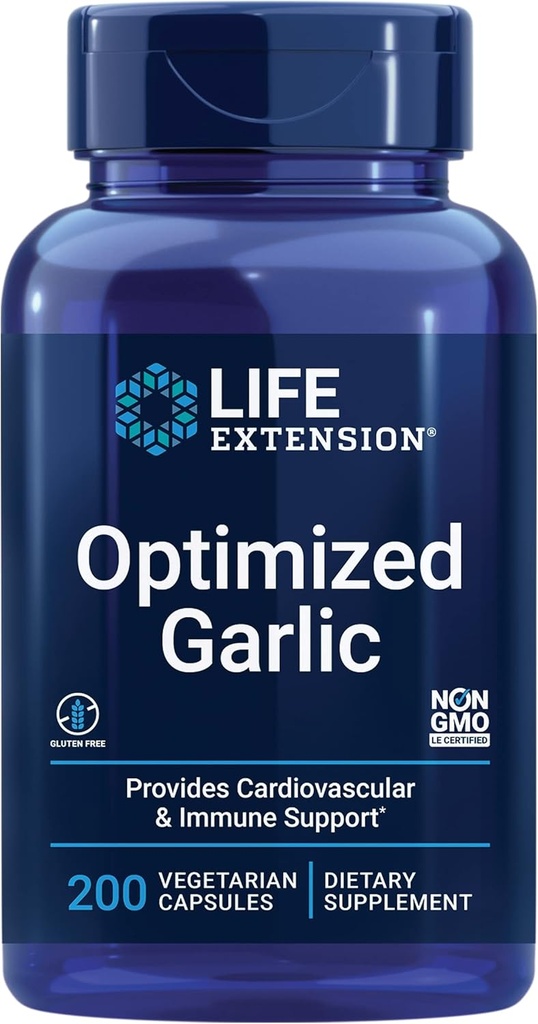 Extension de vie Ail optimisé, capsules normalisées pour la santé cardiaque, soutien immunitaire, désintoxication cellulaire et fonction plaquettaire saine, sans gluten, non OGM, végétarien, 200 capsules