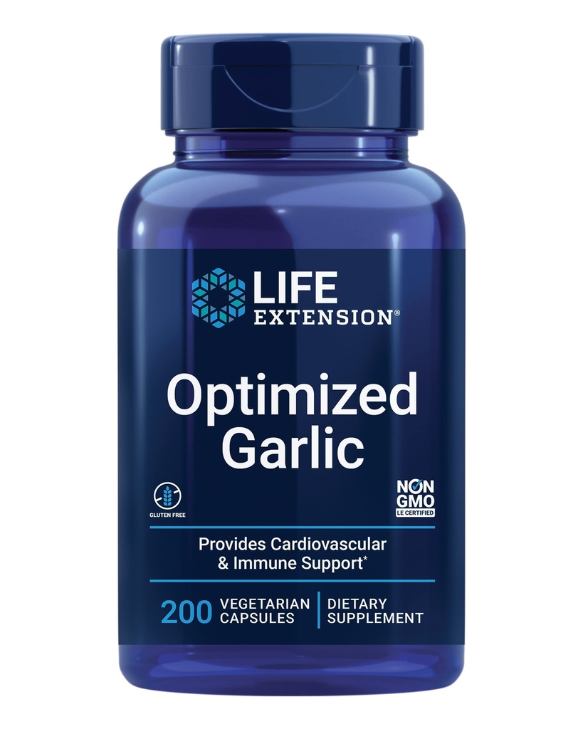 Extension de vie Ail optimisé, capsules normalisées pour la santé cardiaque, soutien immunitaire, désintoxication cellulaire et fonction plaquettaire saine, sans gluten, non OGM, végétarien, 200 capsules