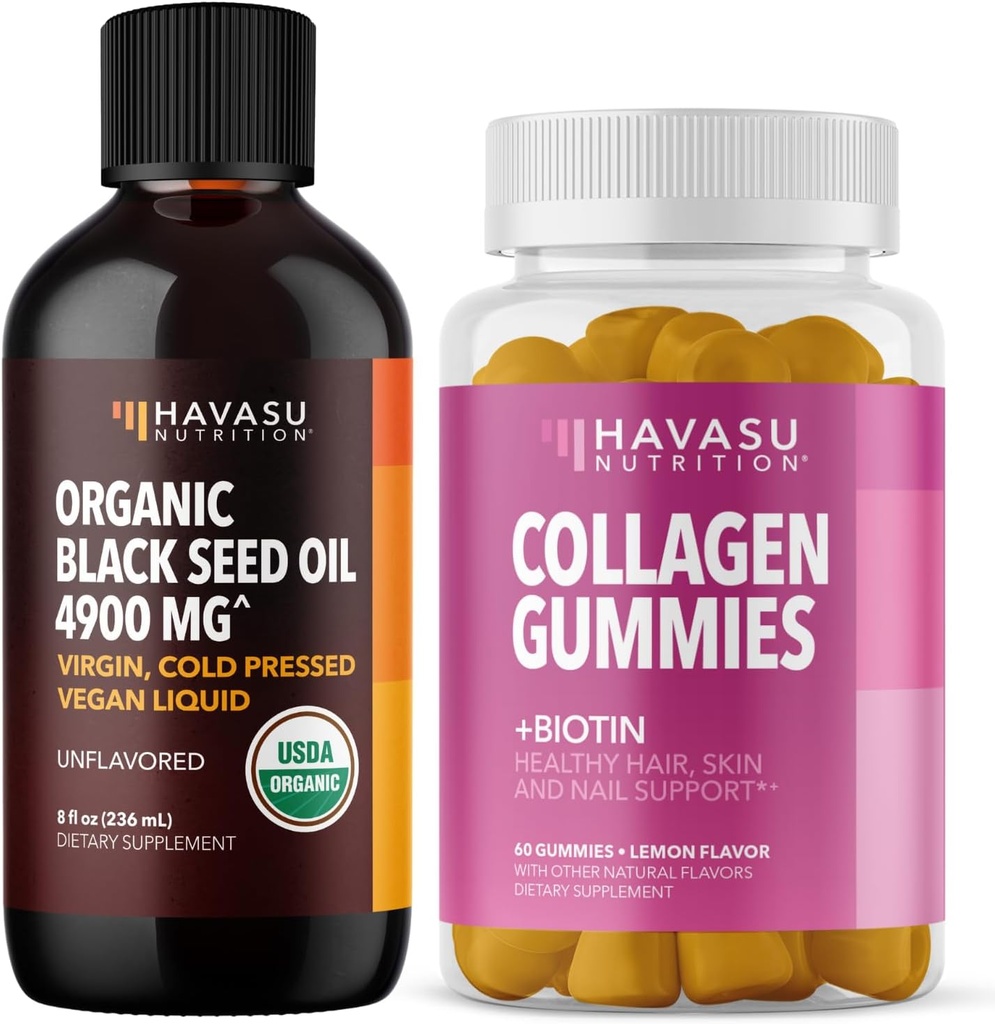 NUTRITION HAVASU Huile de graines noires organiques Liquide + Gommies de collagène