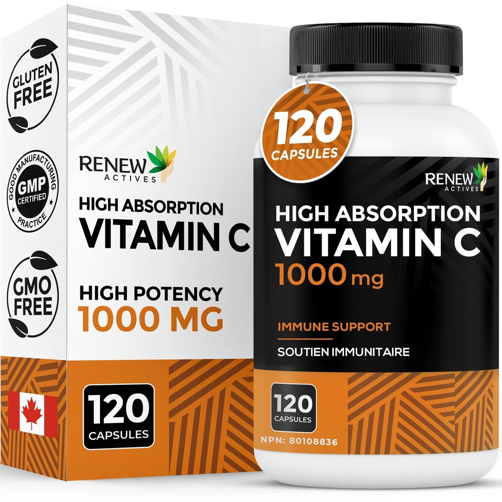 ACTIFS DE RENOUVELLEMENT Résistance maximale Vitamine C 1000MG par portion – Antioxydant et amplificateur pour la santé globale, les os, les dents et les gencives – Non-OGM, sans sucre, approvisionnement de 4 mois – Fabriqué au Canada – 120 capsules