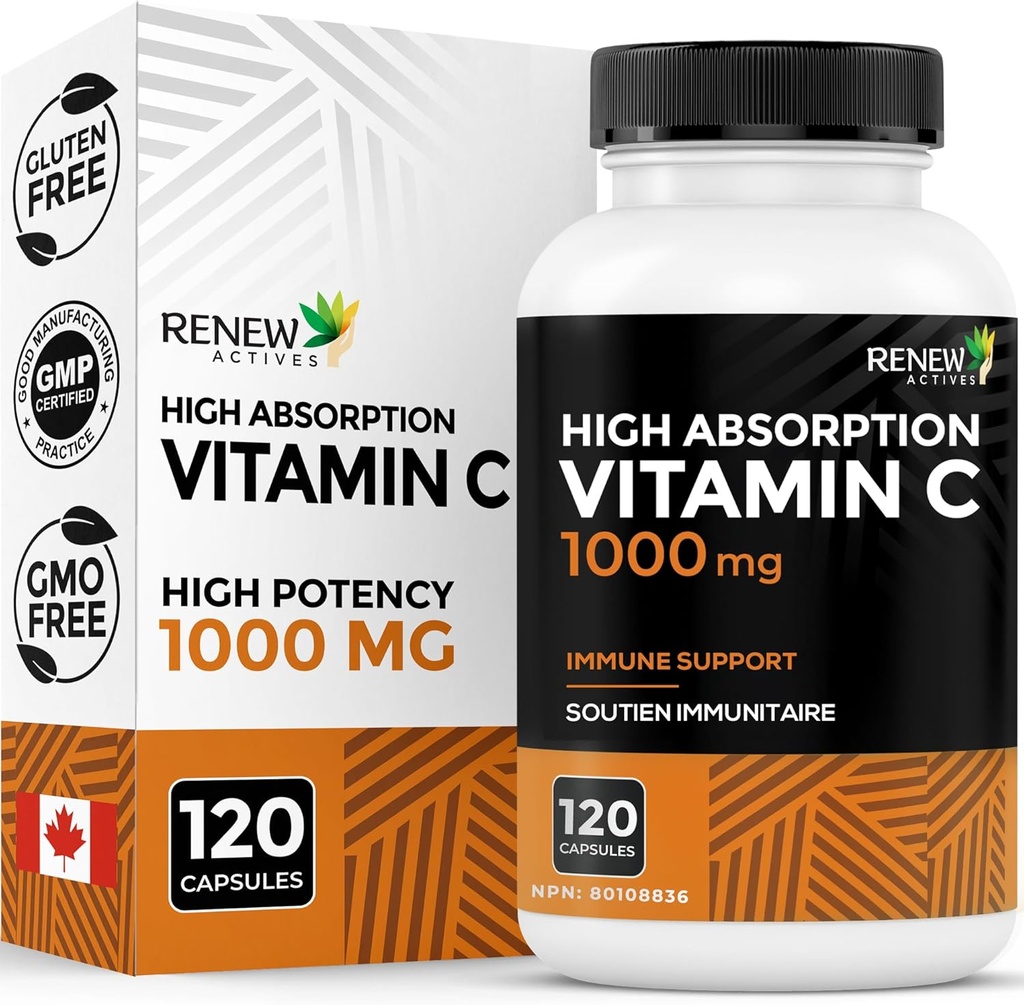 ACTIFS DE RENOUVELLEMENT Résistance maximale Vitamine C 1000MG par portion – Antioxydant et amplificateur pour la santé globale, les os, les dents et les gencives – Non-OGM, sans sucre, approvisionnement de 4 mois – Fabriqué au Canada – 120 capsules
