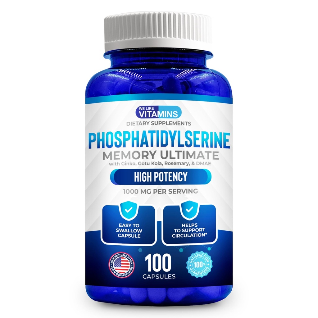 We Like Vitamins Phosphatidylserine Supplement with Gingko Biloba, Gotu Kola, DMAE - Improves Focus, Memory, Cognitive Function - Soy-Free 1000mg Memory Ultimate Complex - 100 Easy-to-Swallow Capsules