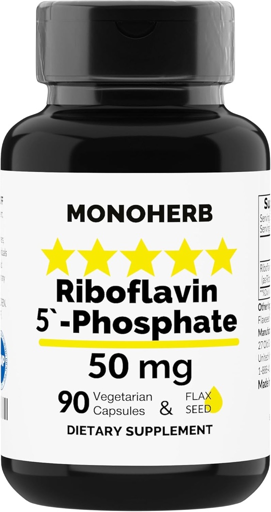MONOHERB Riboflavine 5'-Phosphate 50 mg - 90 capsules végétariennes - Vitamine bioactive B2 - Fabriqué aux États-Unis