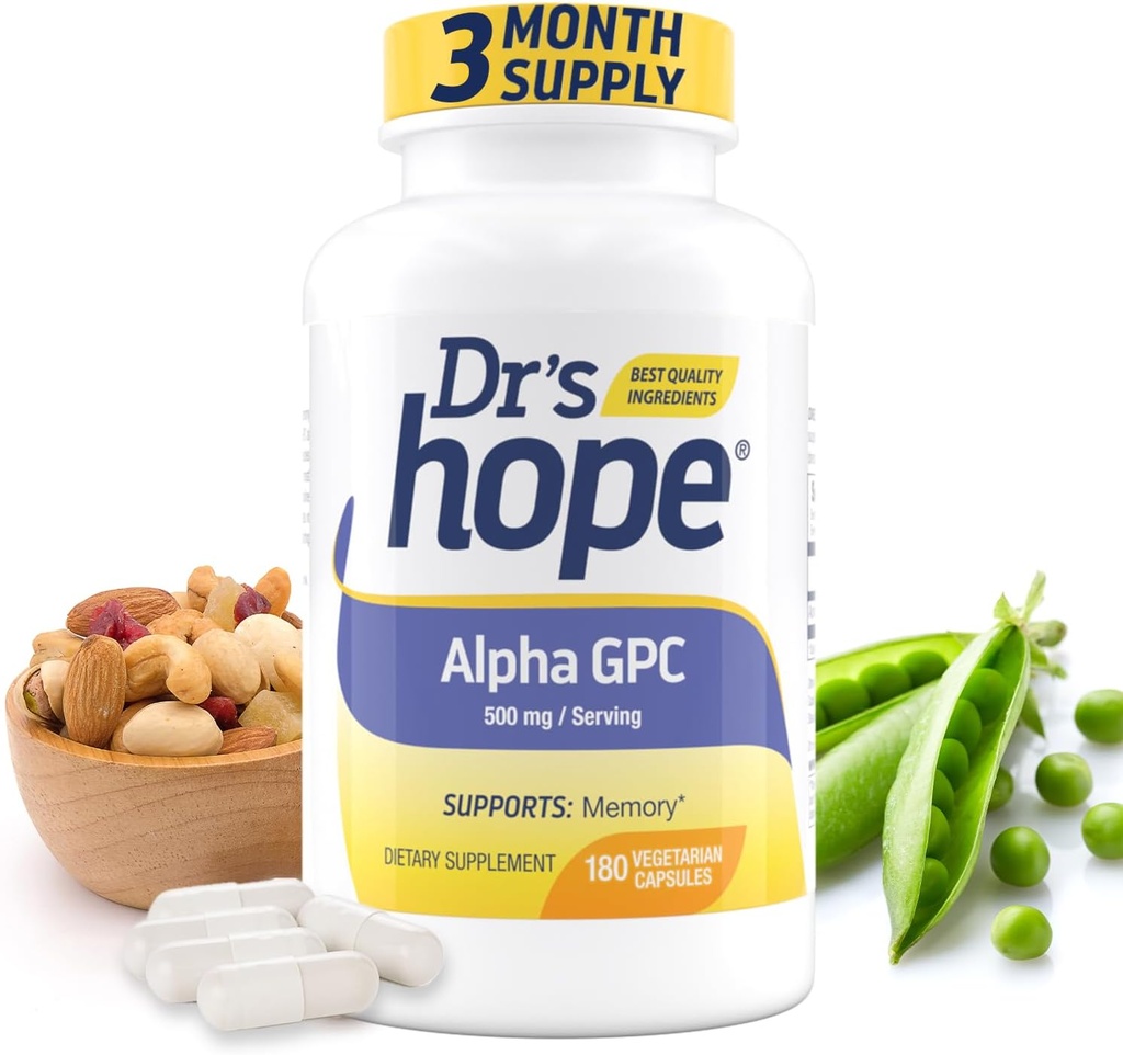 Alpha GPC 500mg, supplément Alpha GPC - Supporte la mémoire et la fonction cognitive - 180 Capsules Veggie, Fabriquées aux États-Unis