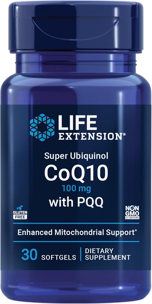 Extension de vie Super Ubiquinol CoQ10 avec PQQ, coenzyme Q10, pyrroloquinoline quinone, supplément santé cardiaque, absorption maximale, 100 mg, non-OGM, sans gluten, 30 softgels