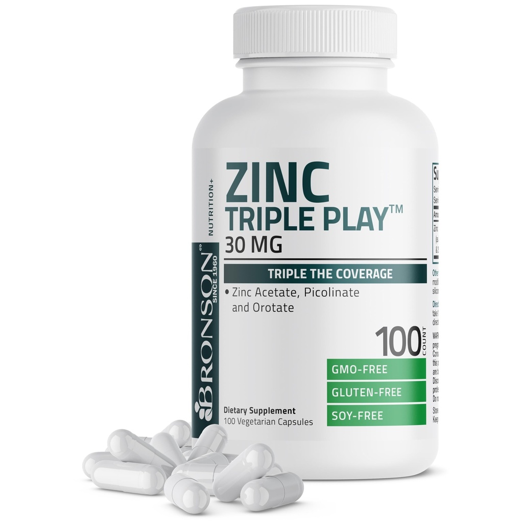 Bronson Zinc Triple Play 30 mg triple couverture immunitaire support avec l'acétate de zinc, le picolinate et l'orotate - immunitaire, antioxydant et soins de santé de la peau - 100 capsules végétariennes