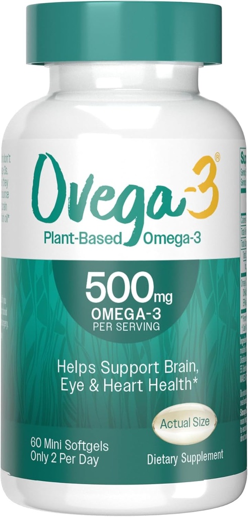 OVEGA-3 Plant-Based Omega-3 from Algal Oil Daily Supplement, 500mg, Supports Brain, Eye & Heart Health, Two mini softgels per Day, 60 Count