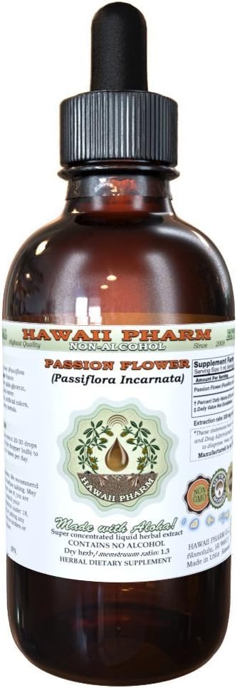 Fleur de passion Extrait liquide sans alcool, Fleur de passion biologique (Passiflora Incarnata) Herbe séchée Glycérite supplément à base de plantes naturelles, Hawaii Pharm, États-Unis 4 fl.oz