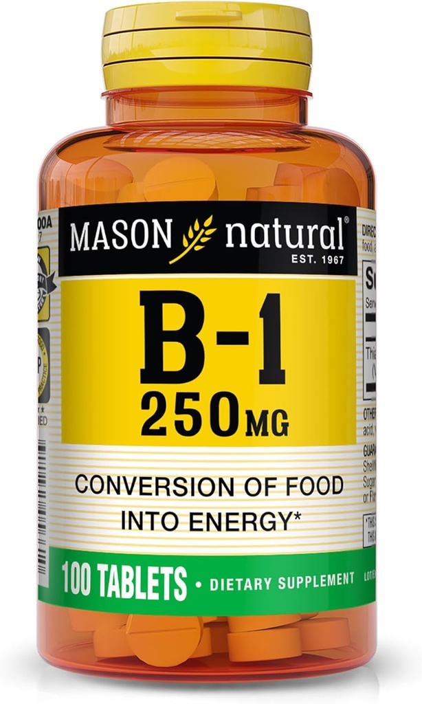 MASON NATURAL Vitamine B,1 Thiamine 250 mg, 100 jours d'approvisionnement supplément alimentaire, facile, à,Swallow comprimés, soutien production d'énergie et métabolisme sain