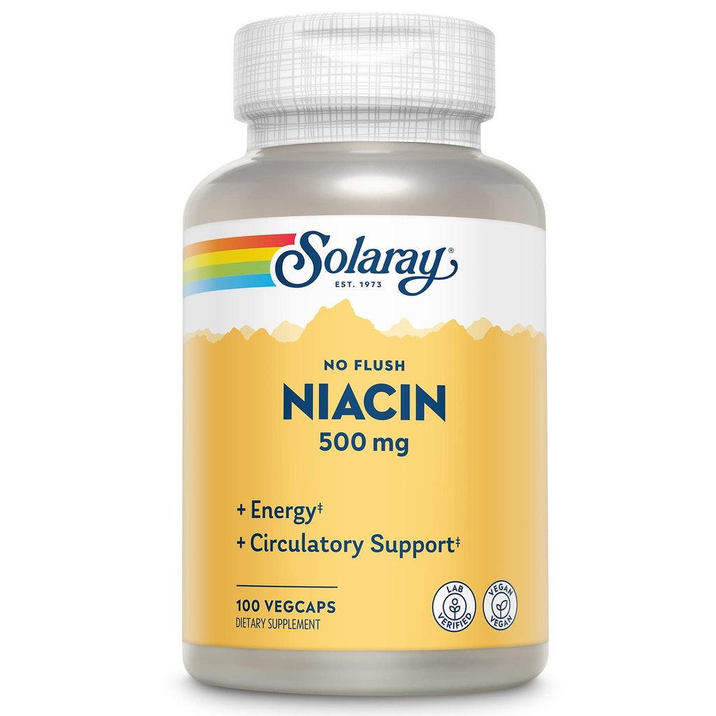 SOLARAY Pas de flush Niacine 500mg, sans flush vitamine B3 Niacine, énergie et système circulatoire, Vegan, laboratoire vérifié, 60 jours de garantie de remboursement, 100 portions, 100 VegCaps