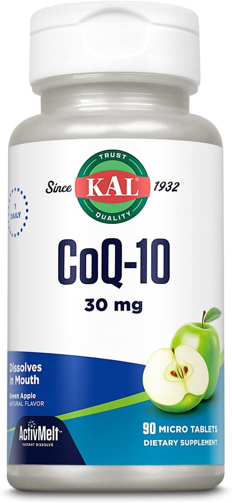 KAL CoQ10 30mg, formule antioxydante, supplément CoEnzyme Q10 pour la santé cardiaque et le soutien énergétique cellulaire, ActivMelts à dissolution rapide, Végétarien, Saveur de pomme verte naturelle, 90 Serv, 90 Micro comprimés