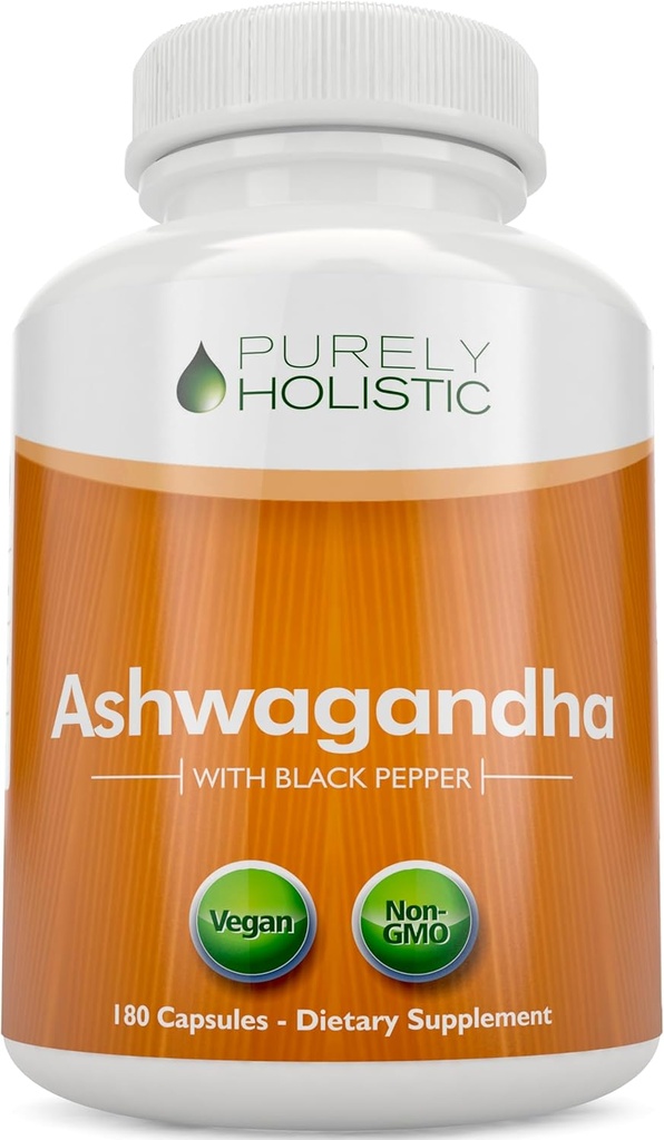 Purement Holistic Organic Ashwagandha 1300mg - 180 Capsules Vegan - 650mg d'Ashwaganda par Capsule - 3 mois d'approvisionnement - Extrait de racine d'Ashwaganda à haute résistance avec poivre noir