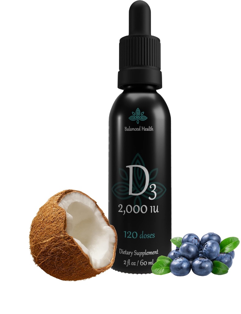 Équilibre Santé D3 2 000 UI, 2 Fl Oz, 120 doses, Blueberry Flavor, Liquid Vitamine D gouttes w MCT Oil for Faster Absorption, Non GMO Vegetarian Safe