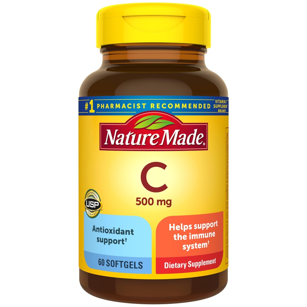 Nature faite de vitamine C 500 mg, supplément alimentaire de vitamine C pour le soutien immunitaire, 60 softgels, 60 jours d'approvisionnement