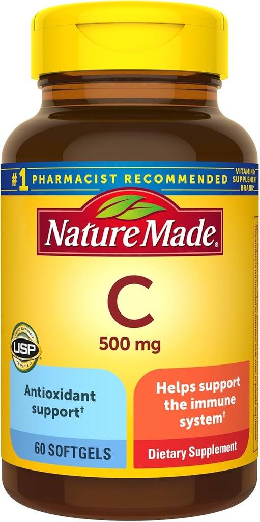 Nature faite vitamine C 500 mg, complément alimentaire pour le soutien immunitaire, 60 softgels, 60 jours d'approvisionnement