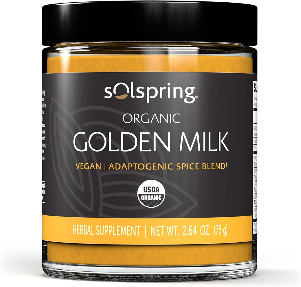 Dr. Mercola Solspring supplément de lait d'or biologique à base de plantes, 2,64 Oz. (75 g), mélange d'épice végétalienne avec du curcuma et du gingembre, non OGM, sans gluten, sans soja, bio USDA