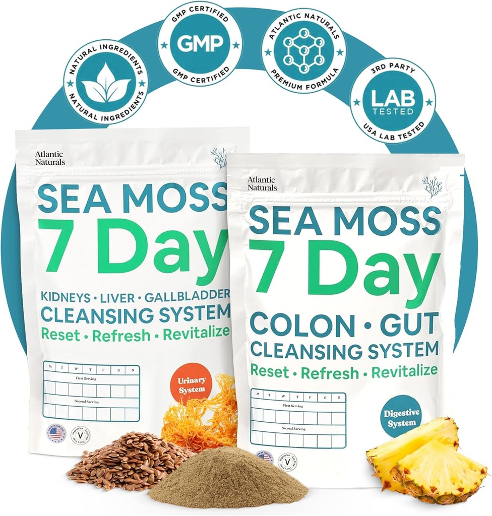 Atlantic Naturals Sea Moss 7 jours complet de nettoyage du corps Detox Bundle, Colon Cleanse Poudre avec Psyllium Husk Senna Poudre et bio Poudre de mousse de mer Rein, Foie, Gallbladder, Ananas Saveur Mélange