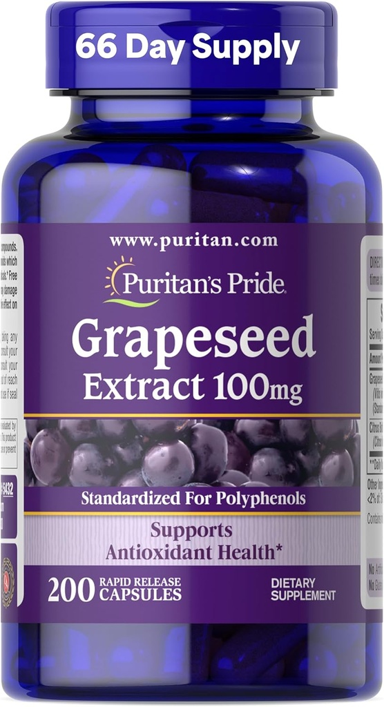 Puritan's Pride Grape Extract 100mg avec complexe bioflavonoïde d'agrumes, supplément alimentaire pour antioxydant et soutien de santé cardiaque, 200 capsules à libération rapide