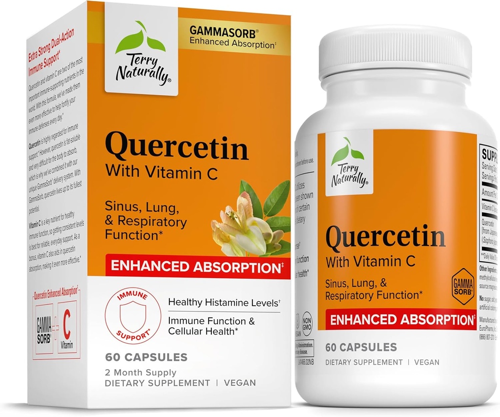 Terry naturellement Quercetin avec vitamine C Absorption améliorée - Supplément Quercetin pour le soutien immunitaire et la santé cellulaire - Supplément respiratoire pour la santé du sinus et du poumon - 60 capsules