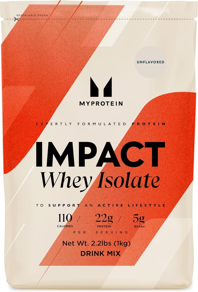 Myprotéine Impact Whey Protein Isolate, 2,2 Lbs (40 portions) Non aromatisé, 22g Protéine, 3,5g Glutamine et 4,5g BCAA Par service, Shake for Muscle Strength & Recovery
