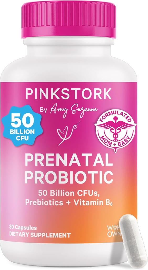 Pink Stork Probiotiques prénatals pour femmes - 50 milliards d'UFC, vitamine B6, prébiotiques, maladie du matin, microbiome git, probiotique de grossesse, soutien immunitaire, grossesse doit avoir - 30 capsules