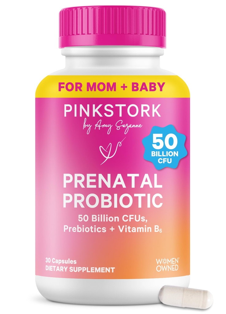 Pink Stork Probiotiques prénatals pour femmes - 50 milliards d'UFC, vitamine B6, prébiotiques, maladie du matin, microbiome git, probiotique de grossesse, soutien immunitaire, grossesse doit avoir - 30 capsules