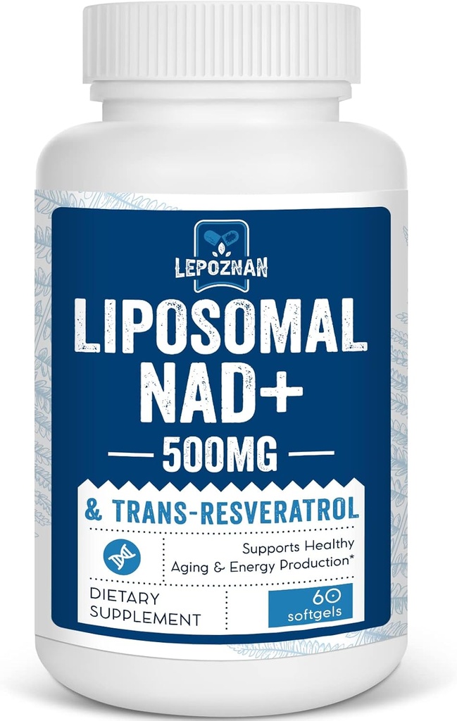 Liposomique NAD+ 500 mg + Trans-Resvératrol 300 mg, Absorption supérieure Vrai supplément NAD efficace pour l'énergie cellulaire Métabolisme et réparation de l'ADN, 60 Softgels