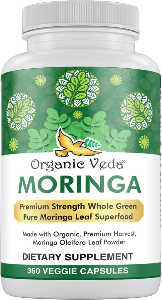 Bio Veda Moringa Leaf Powder Capsules, 1000mg, 360 Compte - True Green Native Organic Moringa Oleifera, Premium Strength Nutrient Dense 100% Pure Leaves - Energy, Sleep & Immunity Support - Vegan