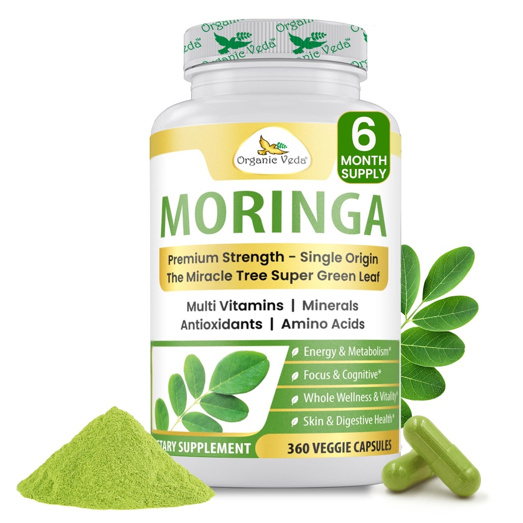 Bio Veda Moringa Leaf Powder Capsules, 1000mg, 360 Compte - True Green Native Organic Moringa Oleifera, Premium Strength Nutrient Dense 100% Pure Leaves - Energy, Sleep & Immunity Support - Vegan