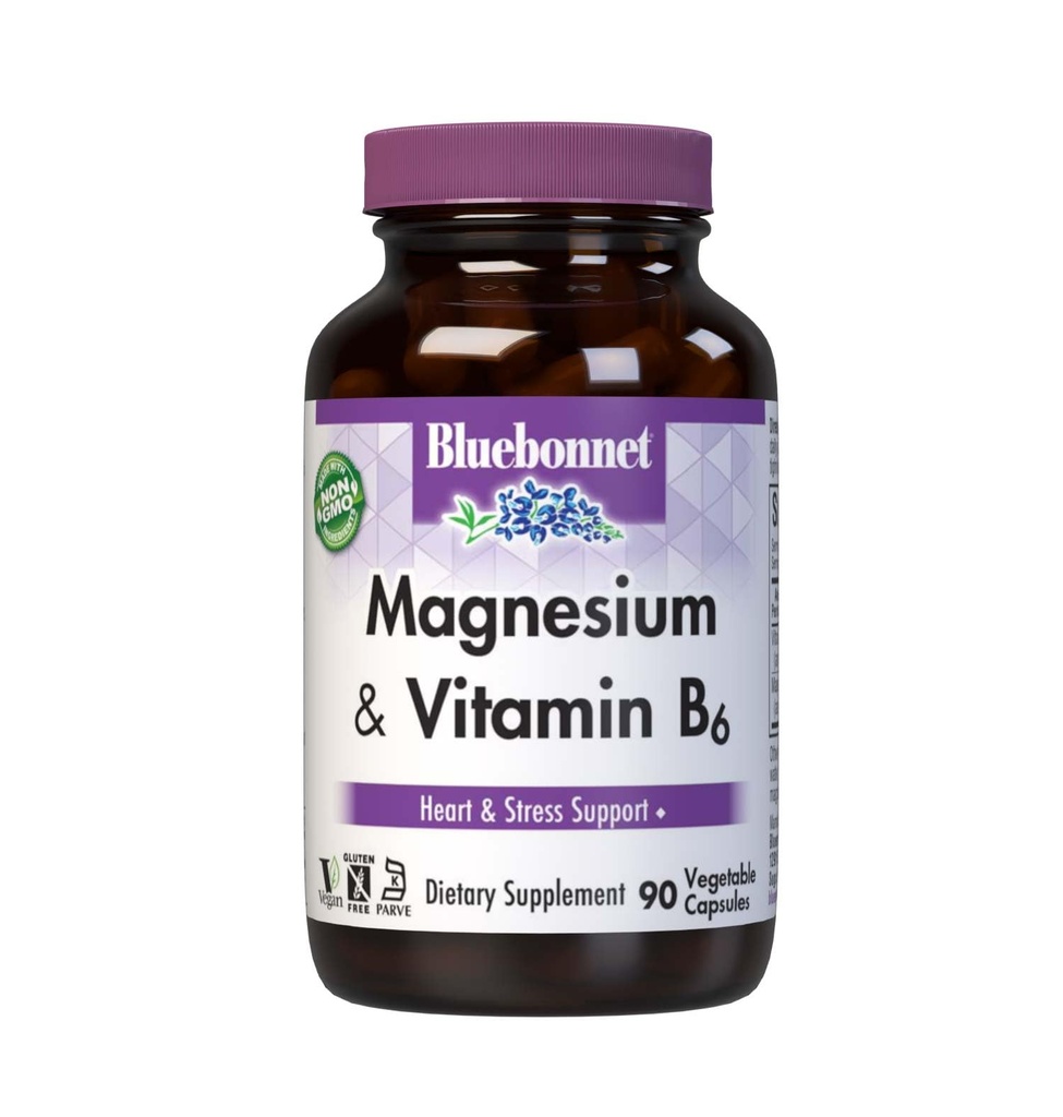 Bluebonnet Nutrition Magnésium et B6 – 400 mg Oxyde de magnésium et aspartate avec vitamine B6 25 mg – Complexe de magnésium du coeur et du cerveau pour les femmes et les hommes* - Non-OGM, végétalien, sans gluten - 90 capsules végétales