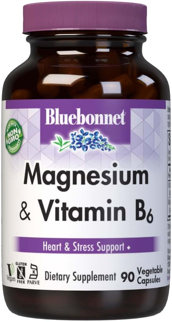Bluebonnet Nutrition Magnésium et B6 – 400 mg Oxyde de magnésium et aspartate avec vitamine B6 25 mg – Complexe de magnésium du coeur et du cerveau pour les femmes et les hommes* - Non-OGM, végétalien, sans gluten - 90 capsules végétales