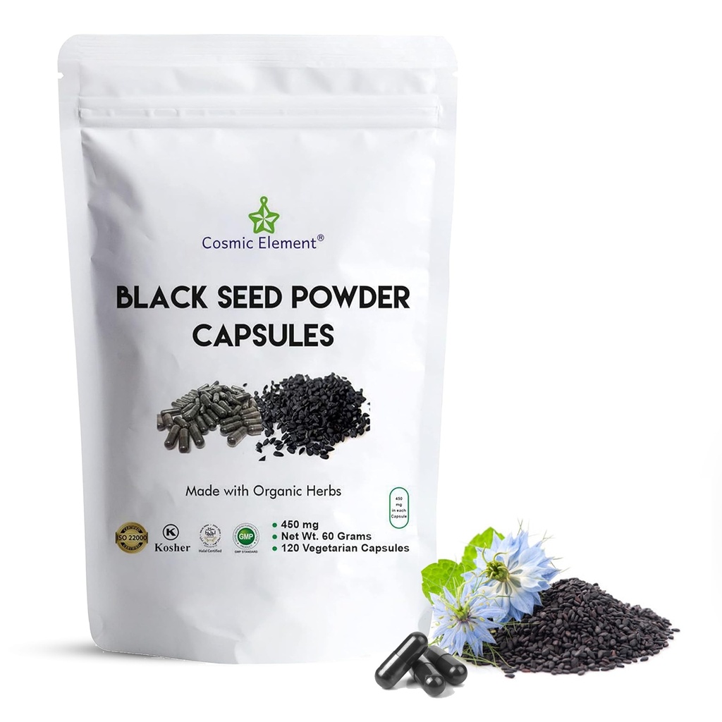 Élément Cosmique 100% Pure Black Seed Poudre Capsules Organique - Vegan Nigella Sativa 450mg Graines de Cumin Noir par Servant pour la Santé - 120 Capsules