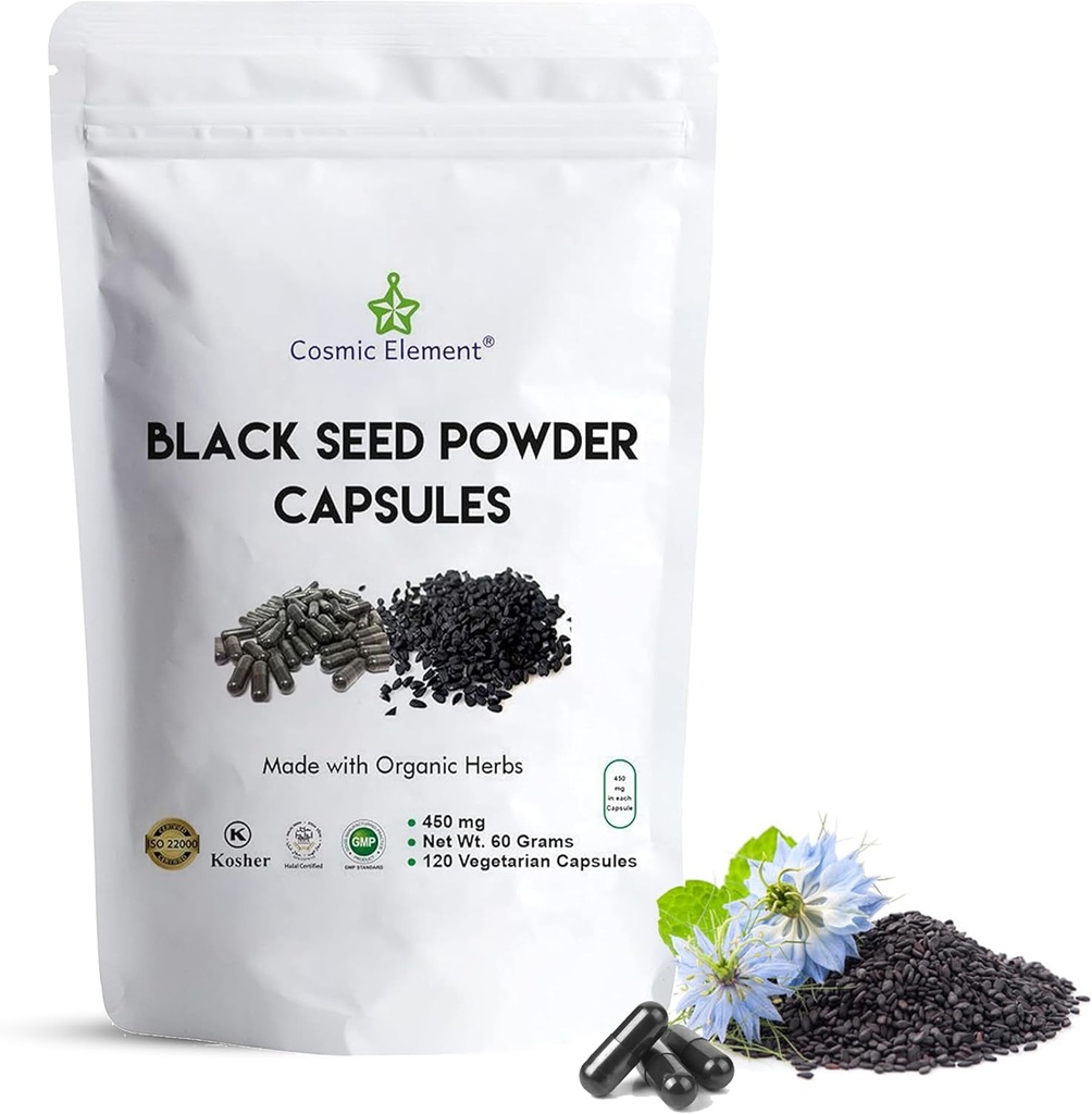 Cosmic Element 100% Pure Black Seed Powder Capsules Organic - Vegan Nigella Sativa 450mg Black Cumin Seeds per Serving for Health - 120 Capsules