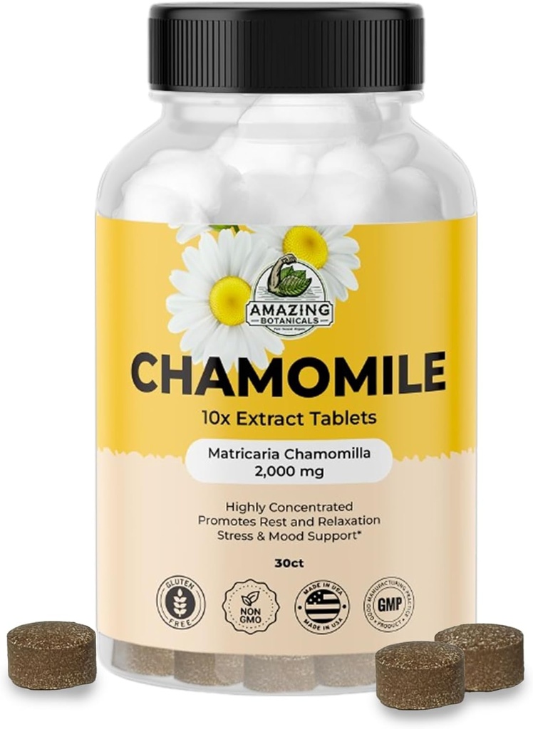 Amazing Botanicals Comprimés d'extrait de camomille biologique - Matricaria Chamomilla Plant-Based Supplement - 10x Extrait 2000 MG Chaque - favorise la relaxation - 30 comprimés