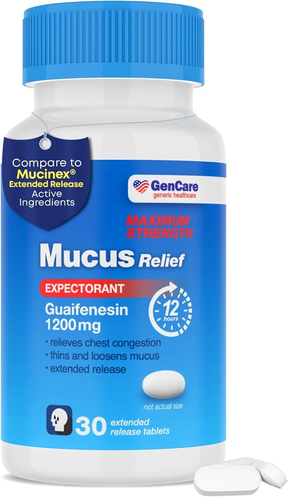 GenCare Mucus Relief 1200 mg Concentration maximale (30 Nombre) 1200 mg Guaifènesin Comprimés à libération prolongée – Expectorant pour le soulagement de la congestion thoracique pour les adultes – Comparer à la concentration maximale 12 heures