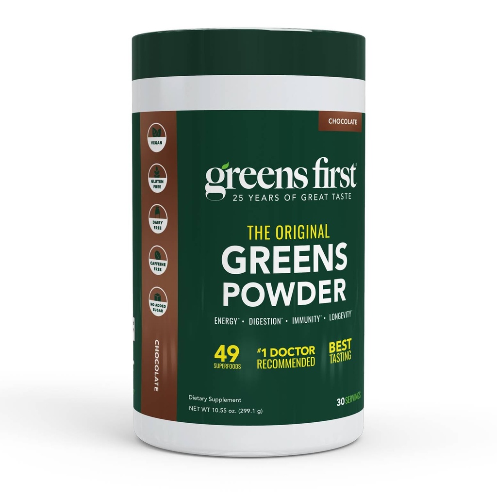 Greens First Original Greens Poudre - 49 Superfoods - Fruits et légumes biologiques - Prébiotiques, probiotiques et enzymes digestives - Smoothie antioxydant - Sans lait, végétalien, non-OGM (chocolat, 30 portions)