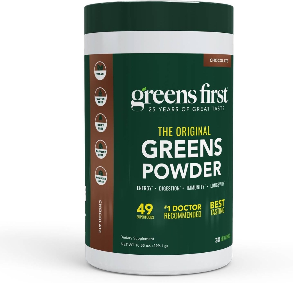 Greens First Original Greens Poudre - 49 Superfoods - Fruits et légumes biologiques - Prébiotiques, probiotiques et enzymes digestives - Smoothie antioxydant - Sans lait, végétalien, non-OGM (chocolat, 30 portions)