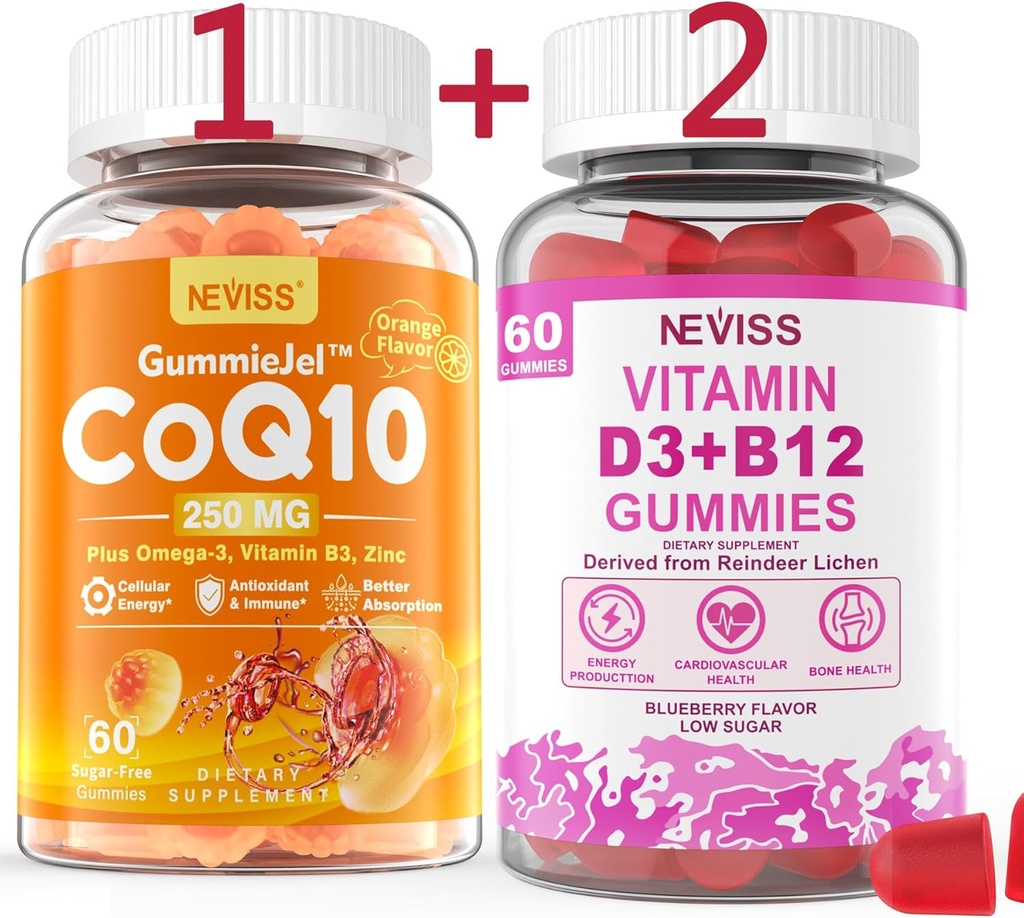 NEVISS CoQ10-250mg Gummies remplies,60Cts + Vitamine végétale D3 5000IU et méthyl B12 1000mcg Gummies, 120Cts
