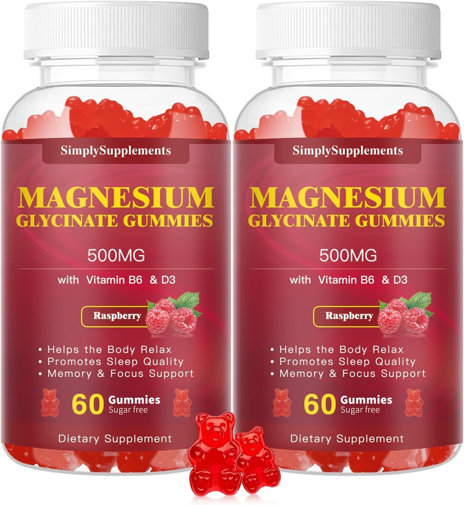 Glycinat de magnésium Gommies 500mg, supplément de magnésium à croquer avec vitamine D3, B6, CoQ10 pour la relaxation, le sommeil et le soutien de l'humeur, Gommy de magnésium calme - 60 Gommies de framboise(2 pack