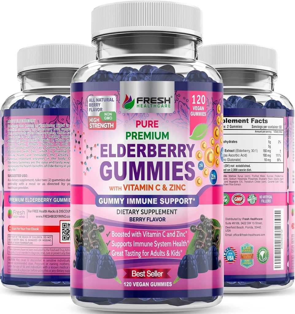 FRESH HEALTHCARE Gommies de baies d'eau avec vitamine C, zinc et sambucus Extrait 30:1 - 100% végétalien - Immune Support pour les adultes et les enfants - 120 Comte Gummy Supplément