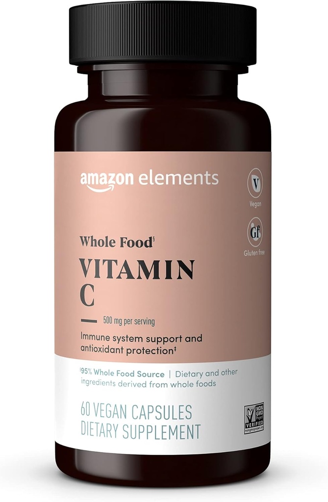 Éléments - Vitamine C, 95 % Source d'aliments entiers, ingrédients alimentaires et autres dérivés d'aliments entiers, ingrédients non-OGM vérifiés, certifiés végétaliens et sans gluten, 60 capsules
