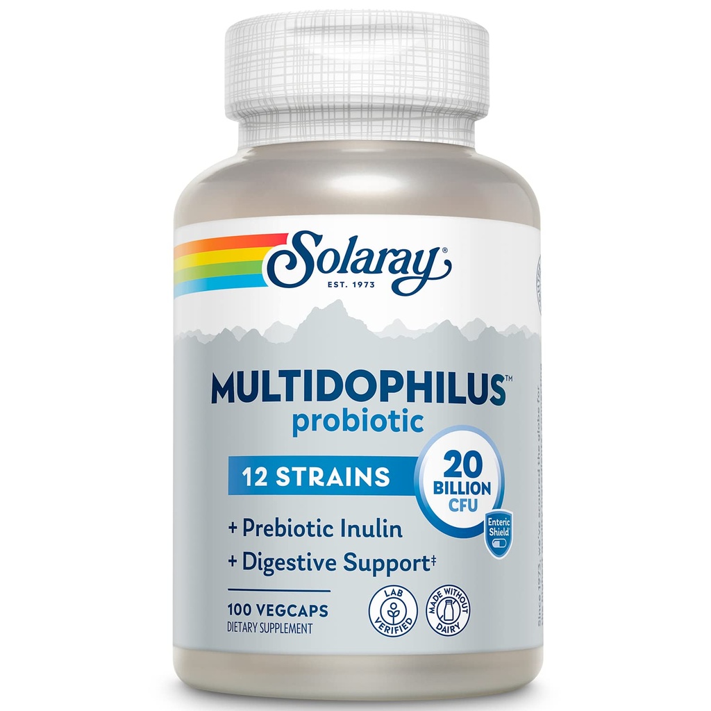 SOLARAY Multidophilus 12 souche Probiotique 20 milliards UFC, probiotiques pour la santé digestive et le soutien de la santé des intestins, Inuline prébiotique, sans lait, 50 portions, 100 VegCaps