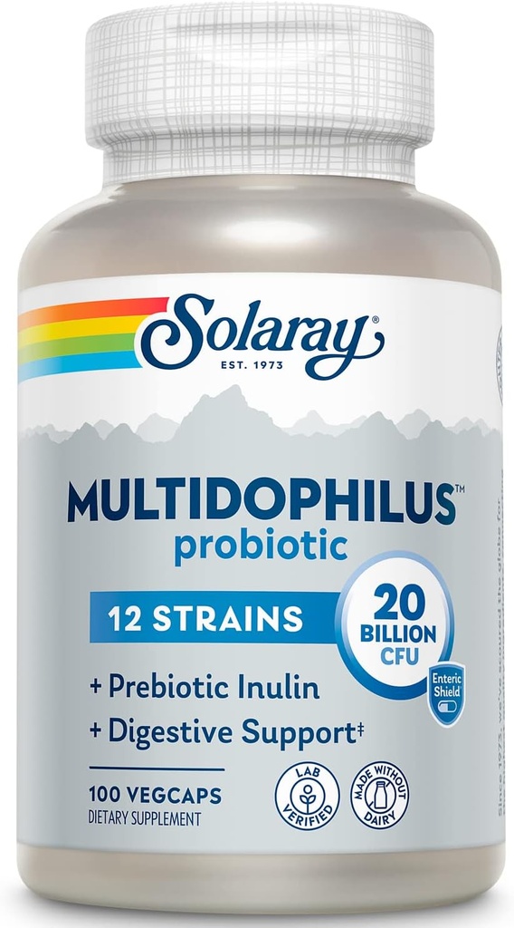 SOLARAY Multidophilus 12 souche Probiotique 20 milliards UFC, probiotiques pour la santé digestive et le soutien de la santé des intestins, Inuline prébiotique, sans lait, 50 portions, 100 VegCaps