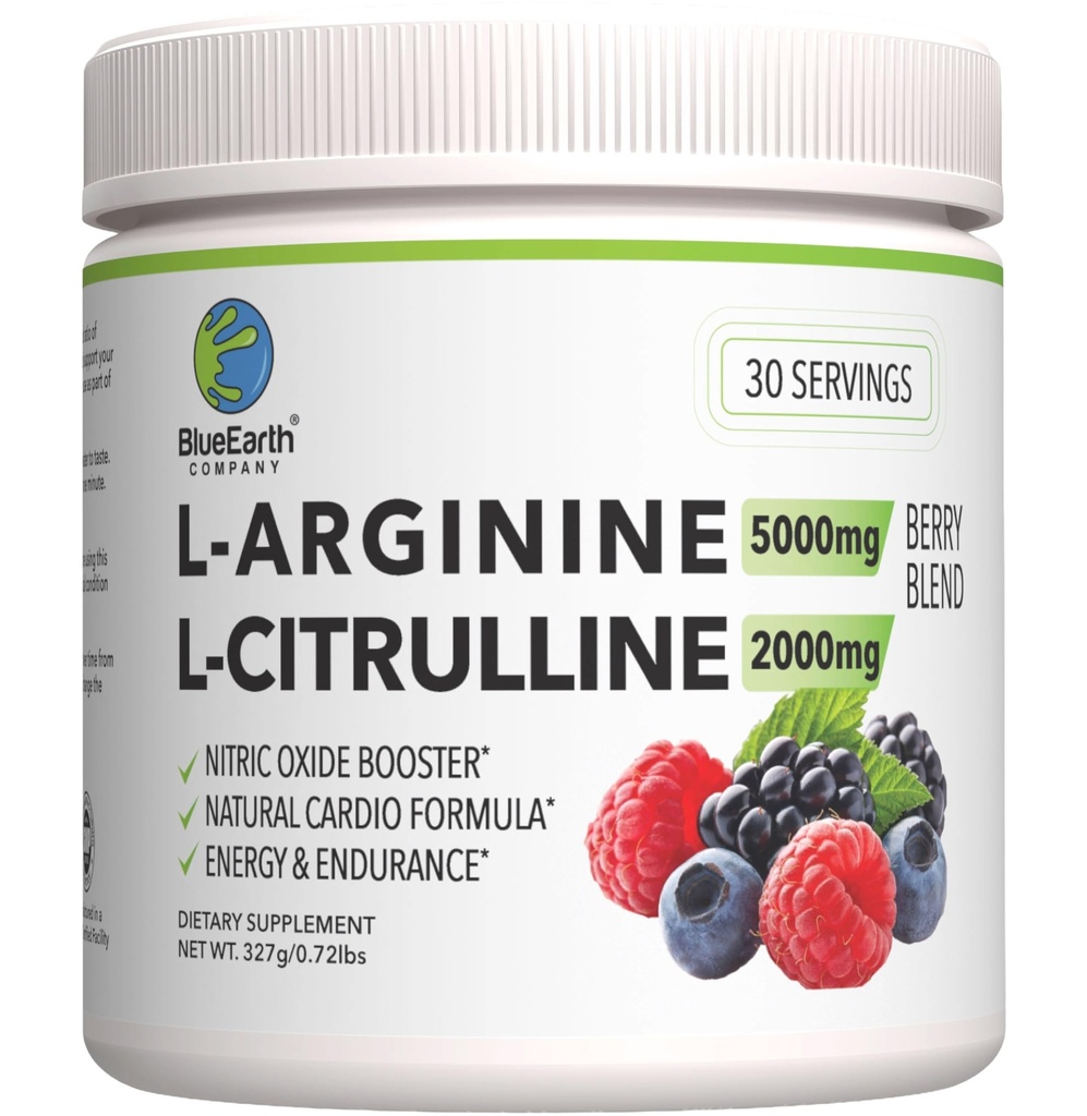 L-Arginine 5000mg + L-Citrulline 2000mg Supplément en poudre complexe - Booster à oxyde nitrique - Santé cardiaque, flux sanguin, énergie et endurance - 30 portions (Berry Blend)