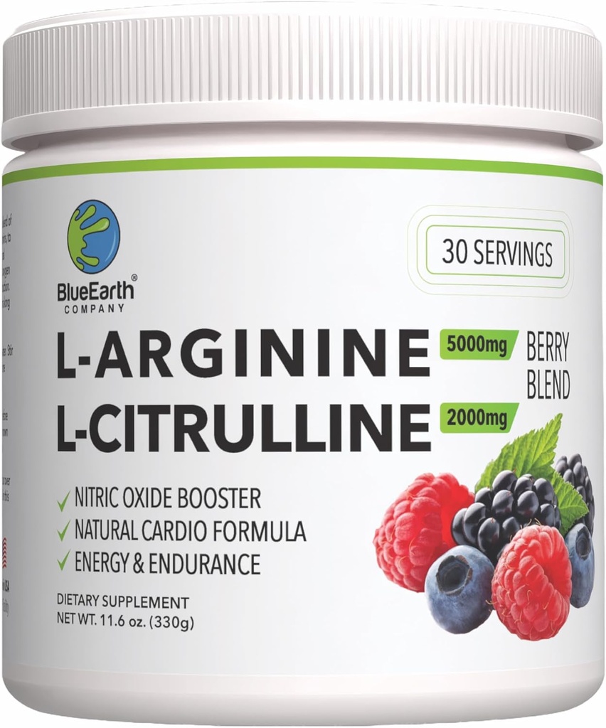 L-Arginine 5000mg + L-Citrulline 2000mg Supplément en poudre complexe - Booster à oxyde nitrique - Santé cardiaque, flux sanguin, énergie et endurance - 30 portions (Berry Blend)