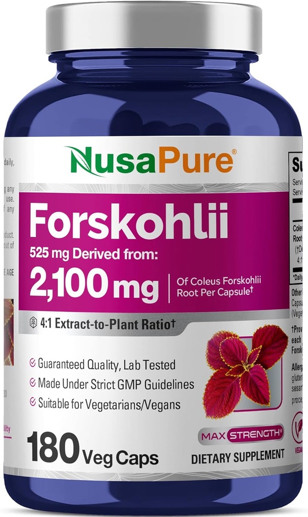 NusaPure Forskohlii 4:1 Extrait, 525 mg équivalent à 21,00 mgper Veggie Caps - 180 Capsules (non-OGM, sans gluten)